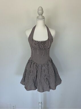 Tictoc Gingham Halter Mini Dress in Brown & White - Size S